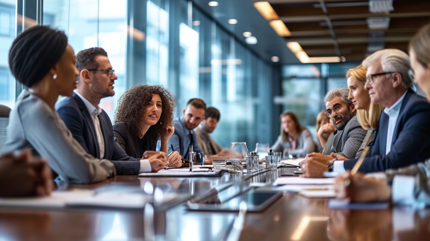 A diverse group of professionals at a conference table.