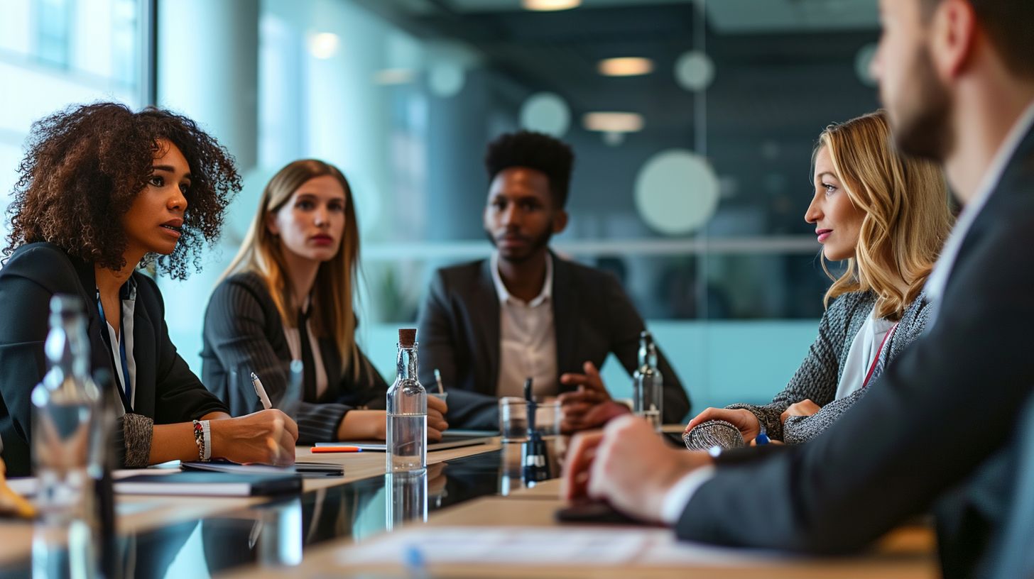 A diverse group of professionals at a conference table.