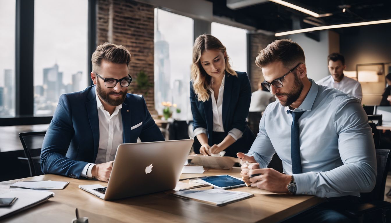 A diverse team of professionals brainstorming in a modern office space.