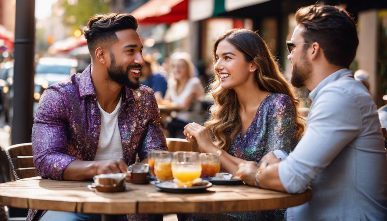A diverse group of people socializing at an outdoor cafe in the city.