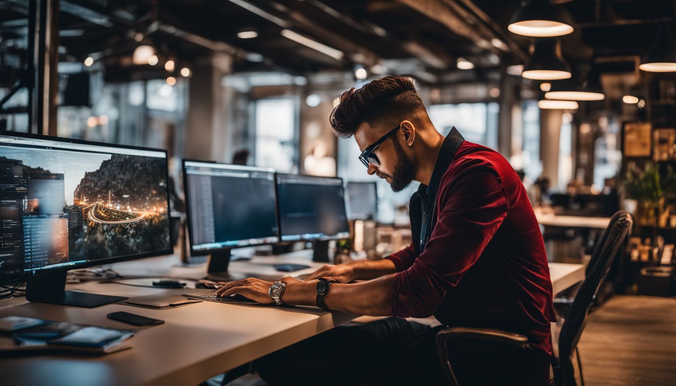 A business owner analyzing backlinks on a computer in a bustling atmosphere.