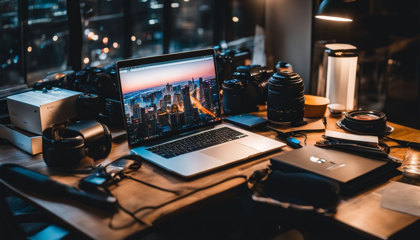 A web developer's desk with laptop, SEO tools, and cityscape photography.