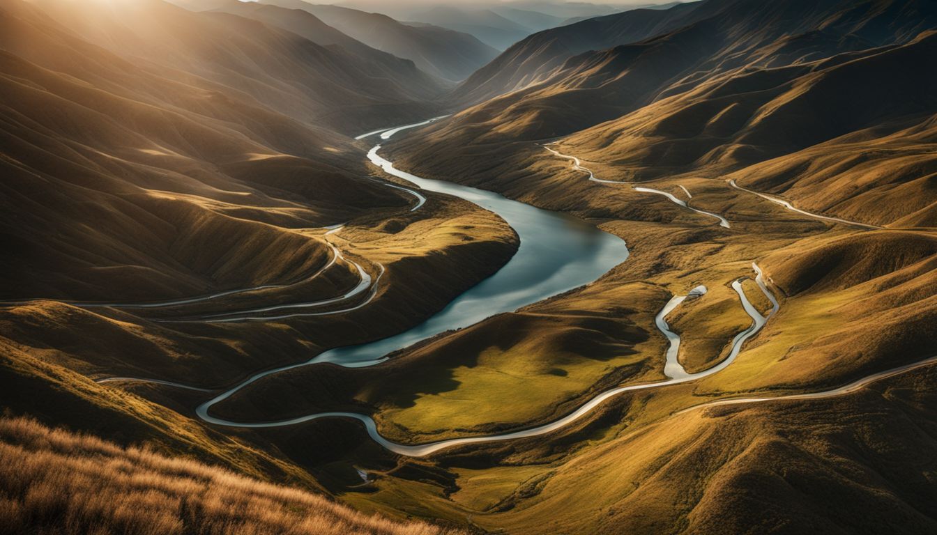 A winding river flowing through rugged mountain landscape with diverse people.