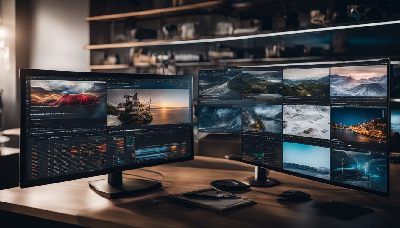 A high-tech analytics dashboard displaying real-time content performance with aerial photography and diverse faces.
