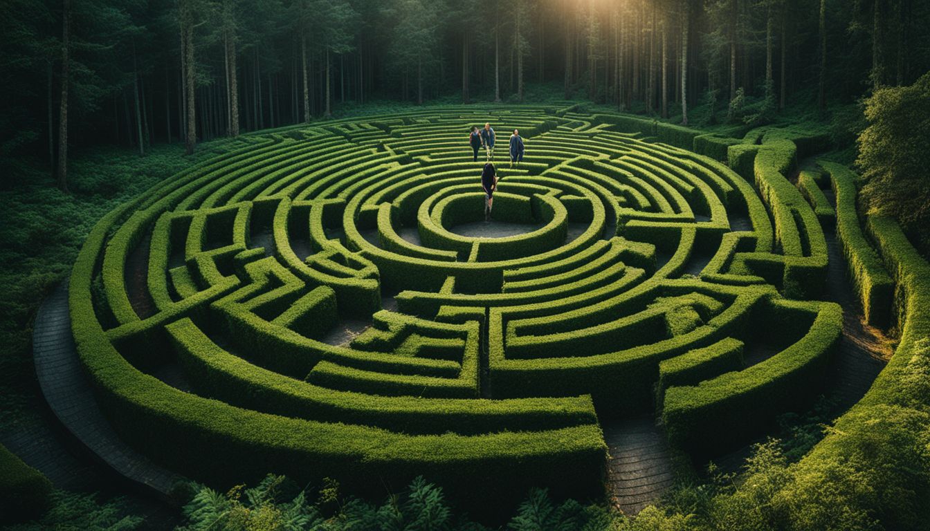A maze in a dark forest with bright light at the end.