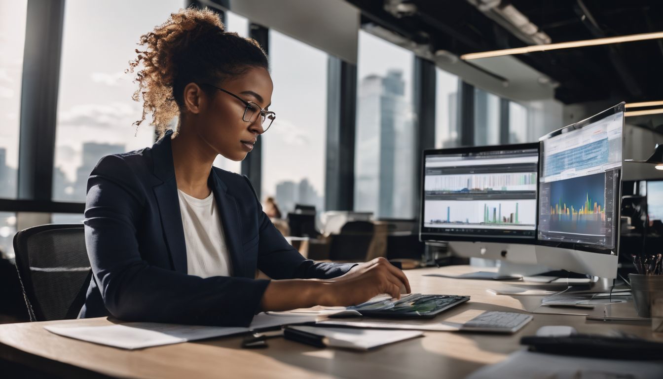 A person analyzing data on a computer in a modern office.