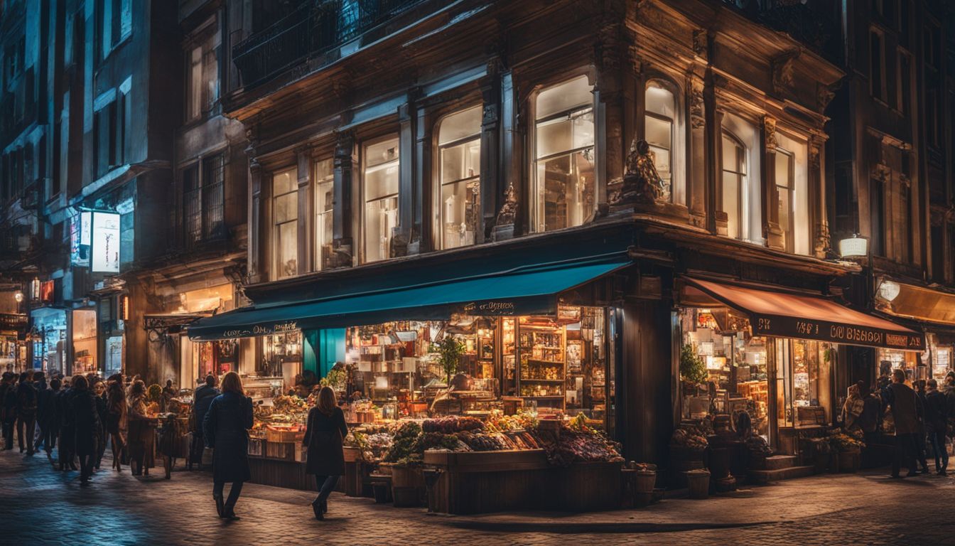 A diverse mix of business storefronts on a busy city street.