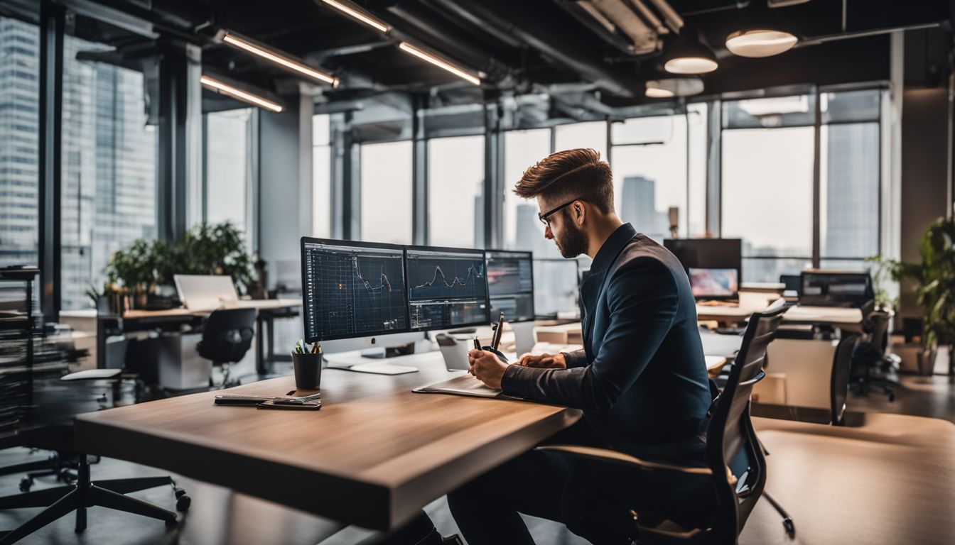 A business owner analyzing local SEO data in a modern office.