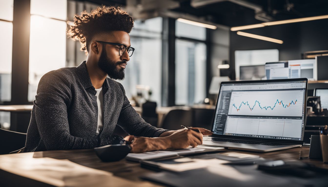 A data analyst reviews digital marketing stats in a modern office.