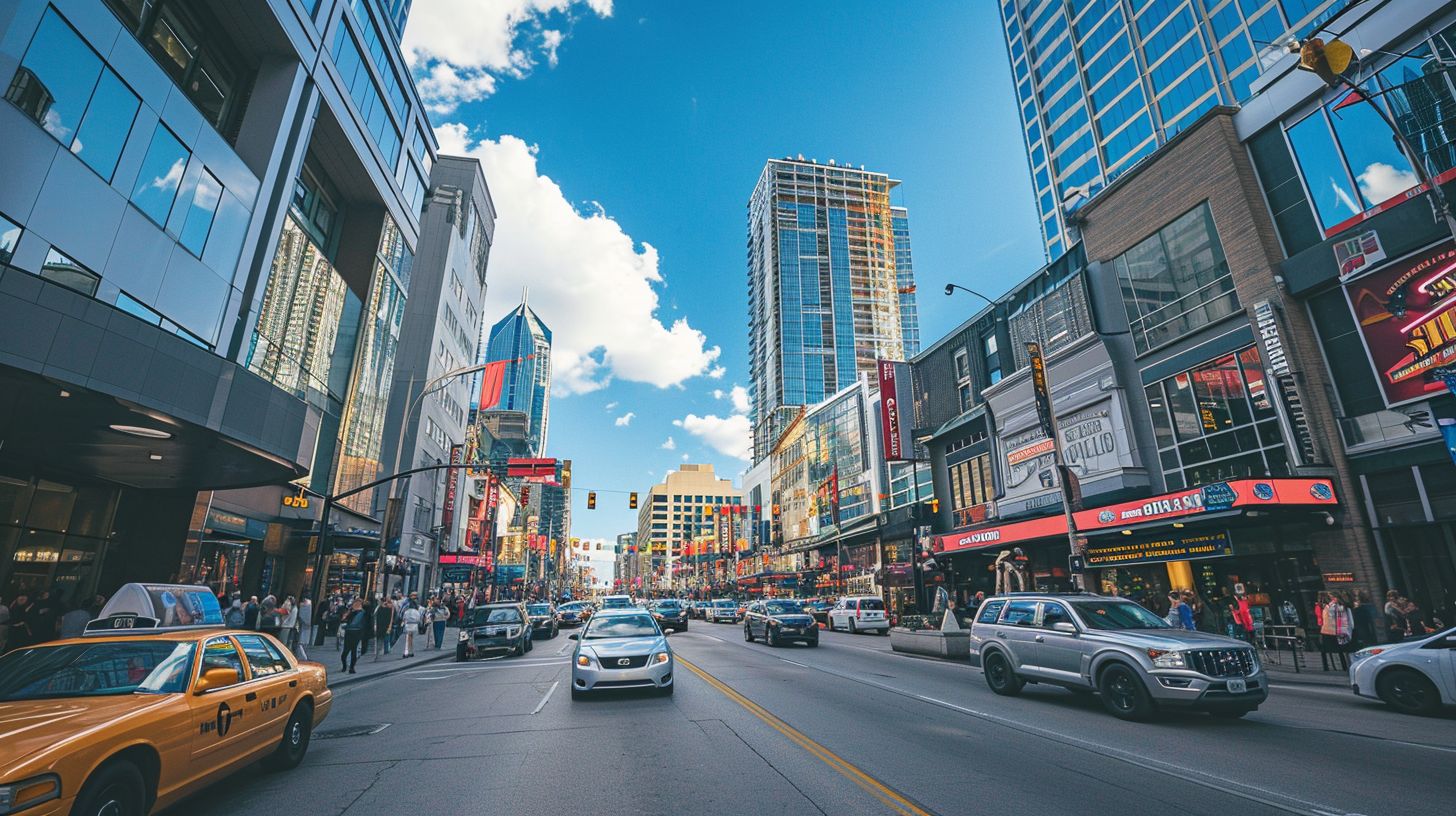A bustling city street filled with local businesses captured with a wide-angle lens.