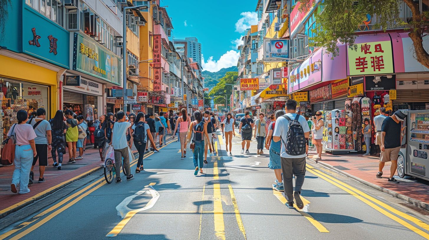 A bustling city street filled with local businesses captured with a wide-angle lens.