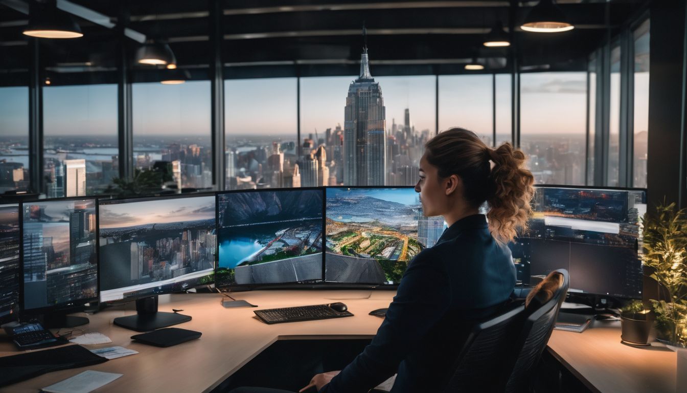 A person analyzing data in a modern office with a cityscape background.