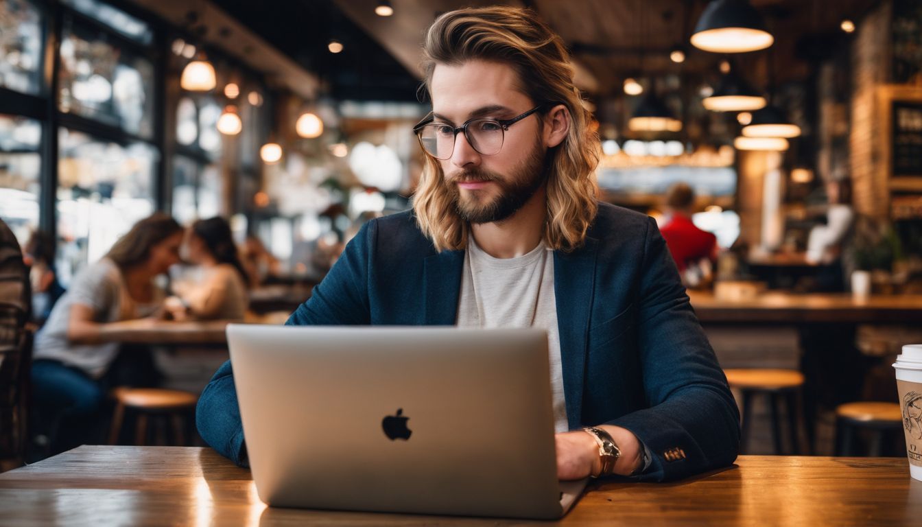 A person researching local businesses on a laptop in a busy coffee shop.