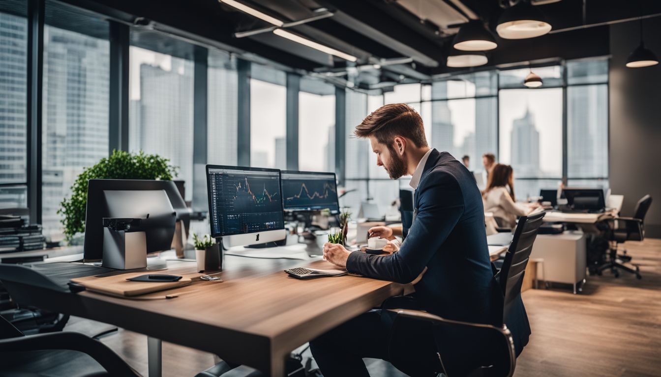 A business owner analyzing local SEO data in a modern office.