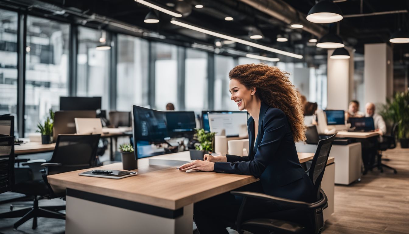 A business owner responding to positive online reviews in a modern office.