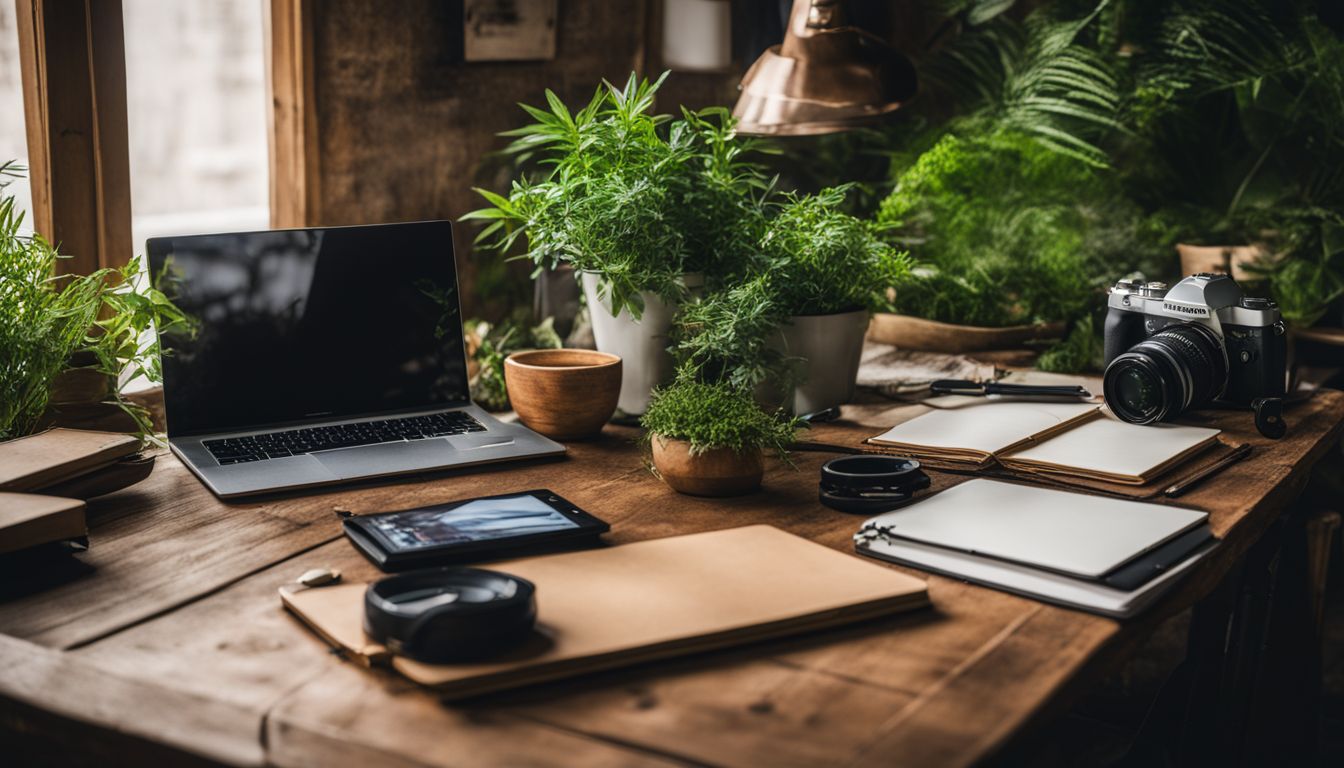 A rustic desk with laptop, notebooks, and plants in a bustling atmosphere.