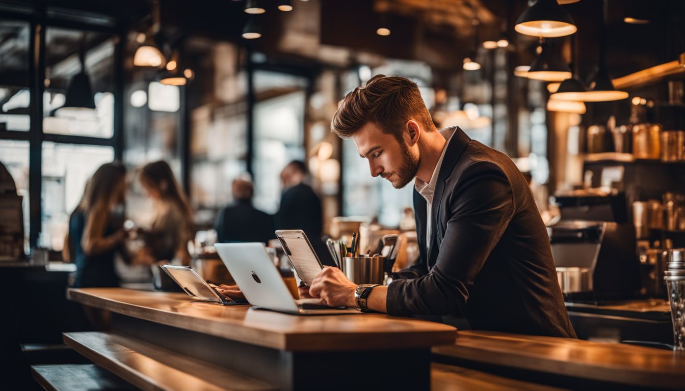 A business owner analyzing local search data at a busy coffee shop.