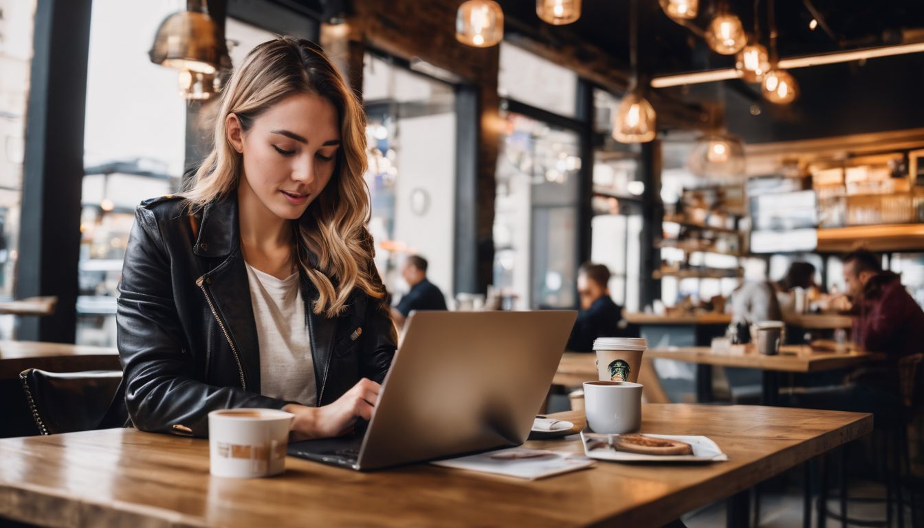 A person reading content marketing material in a modern urban coffee shop.