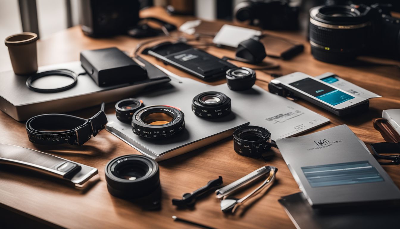 A set of modern measurement tools arranged neatly on a sleek workspace.