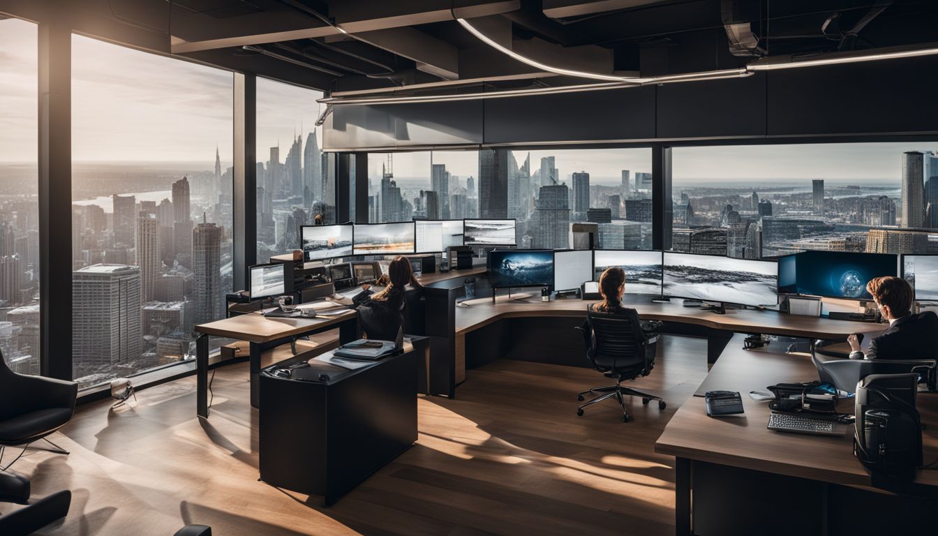 A modern office workspace with multiple computer screens and diverse content.