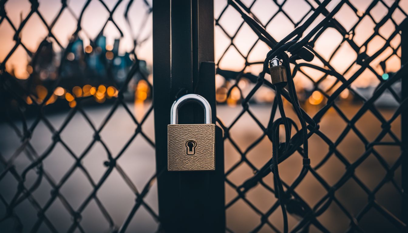 A padlock on a secure gate surrounded by cybersecurity symbols.