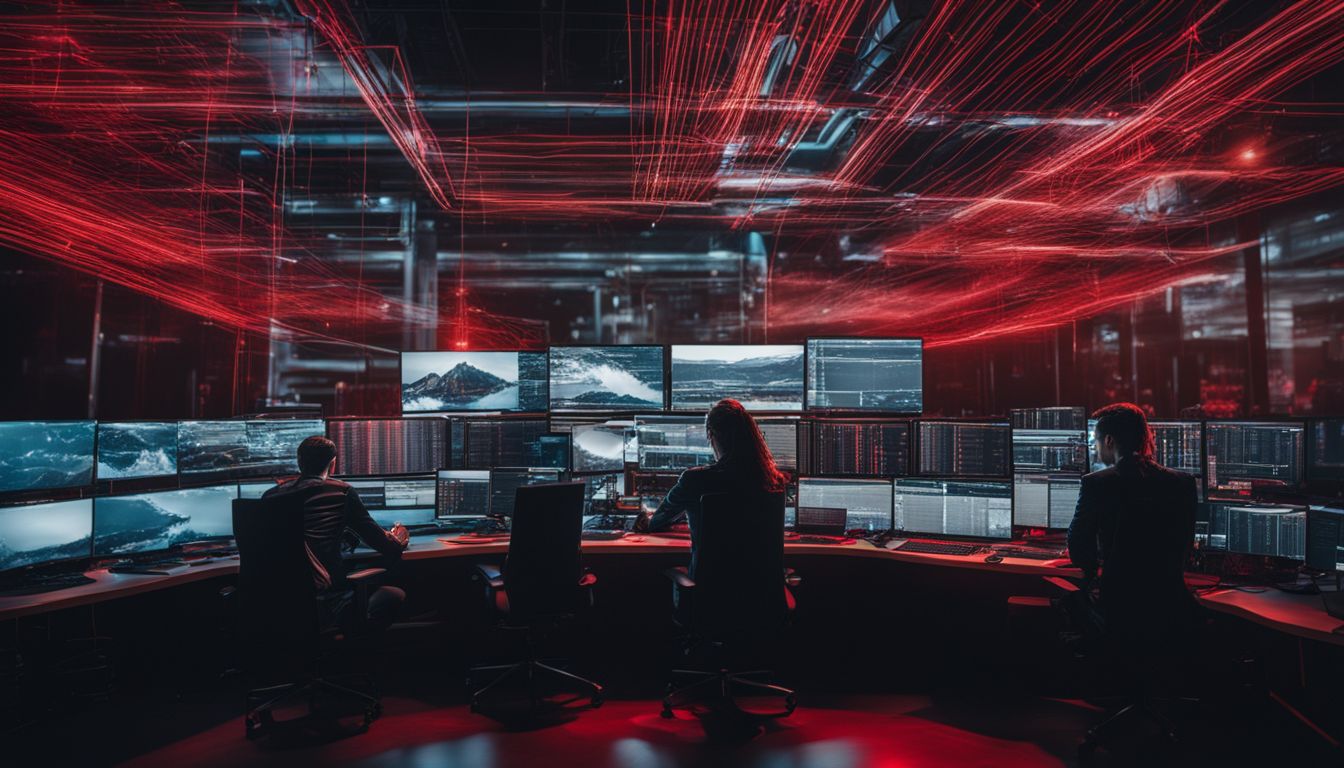 A photo showing multiple computer screens with lines of code and red alert notifications, along with aerial photography and a range of human faces, hairstyles, and outfits.