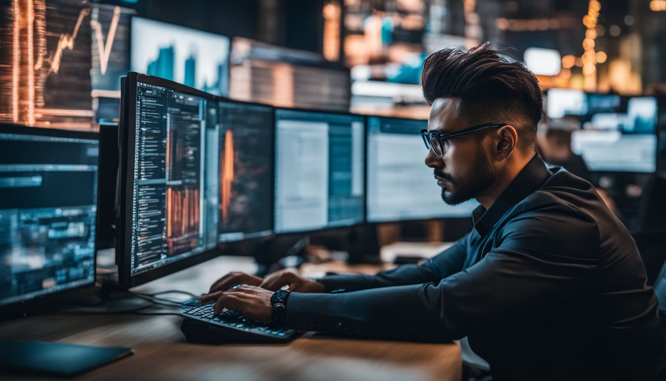 A cybersecurity expert monitoring computer for spam threats in bustling cityscape.