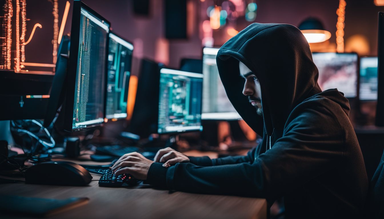 A hacker sits at a computer surrounded by code.