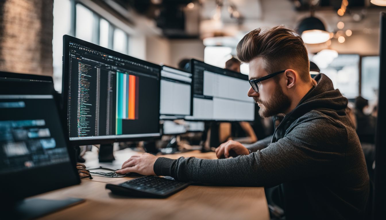 A developer working on custom Magento 2 functions surrounded by code and monitoring tools.