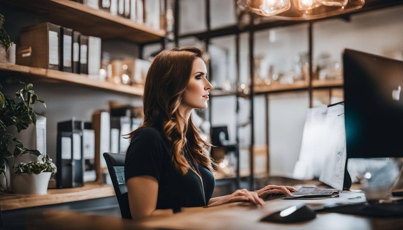 A business owner reviews Magento 2 plugins in a bustling office. A business owner reviews Magento 2 plugins in a bustling office.