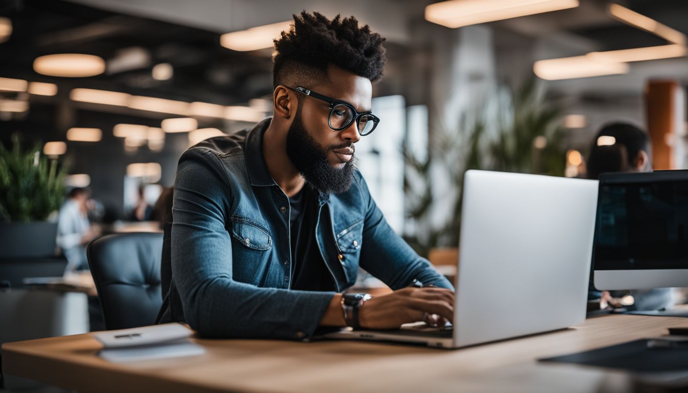 A Magento developer analyzing code on a laptop in a modern office environment. A Magento developer analyzing code on a laptop in a modern office environment.