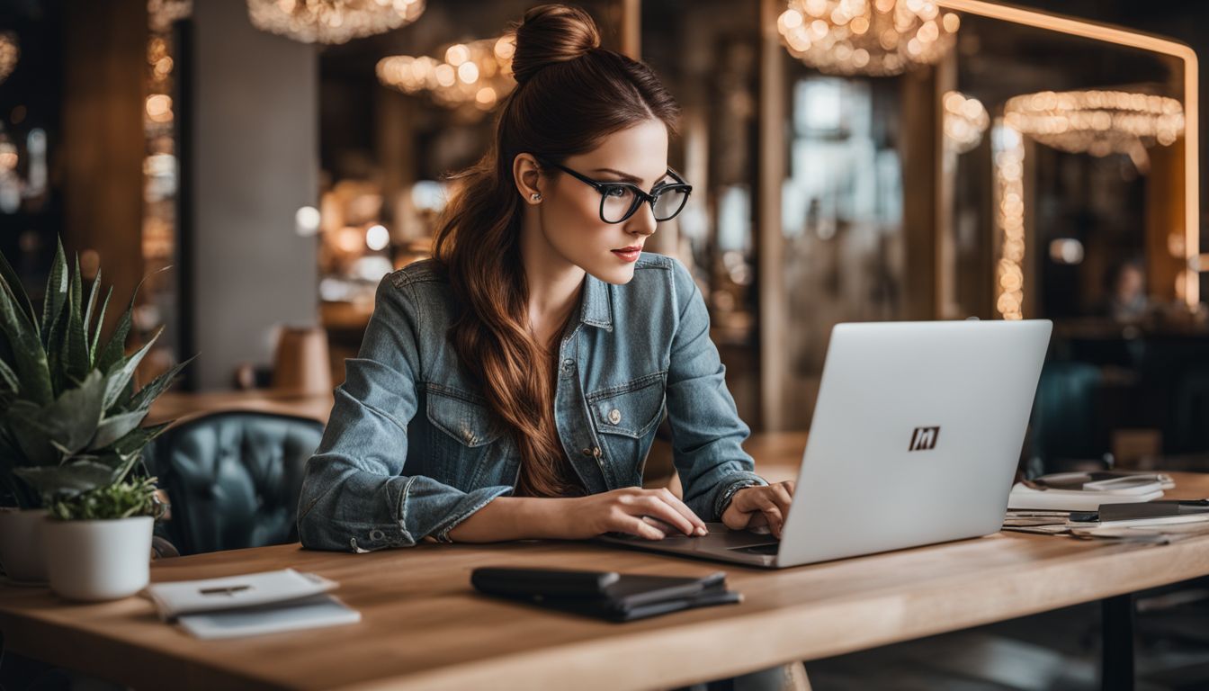 A woman working on a laptop surrounded by various Magento 2 extensions and cityscape photography. A woman working on a laptop surrounded by various Magento 2 extensions and cityscape photography.