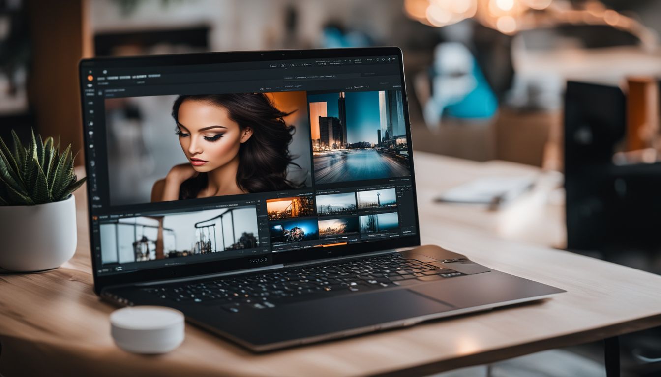 The computer screen displays a variety of Magento plugins and photography options. The computer screen displays a variety of Magento plugins and photography options.