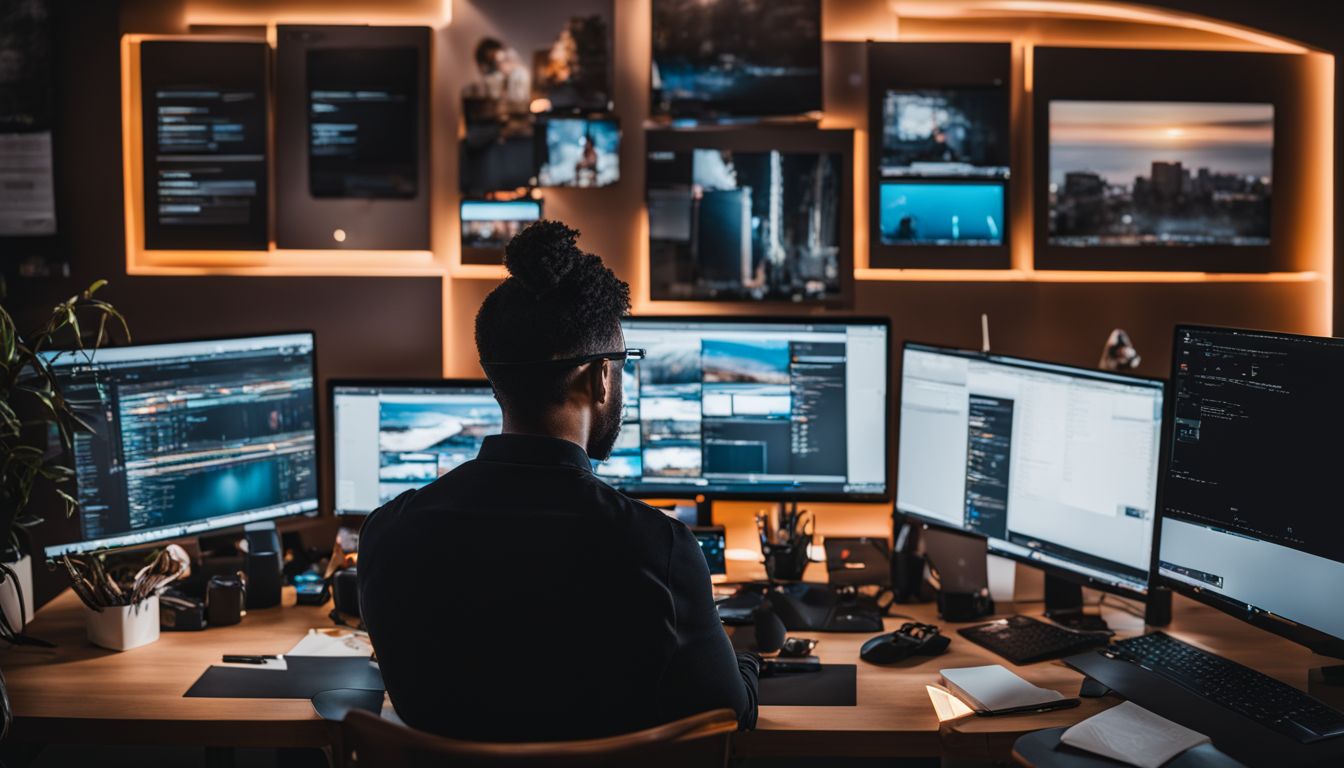 A professional working on a computer with multiple monitors and Magento extension icons. A professional working on a computer with multiple monitors and Magento extension icons.