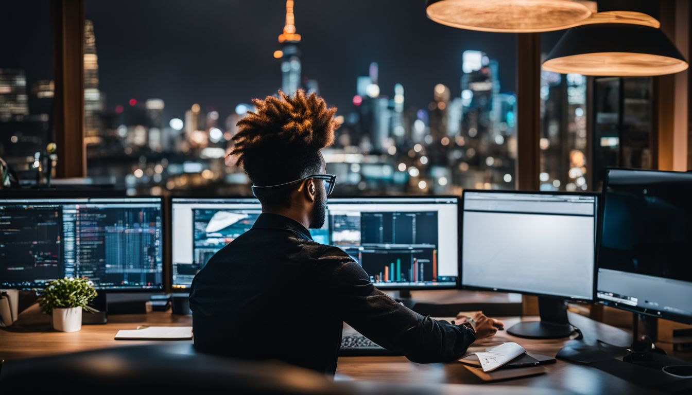 A web designer analyzing data on a modern computer desk in a bustling atmosphere. A web designer analyzing data on a modern computer desk in a bustling atmosphere.