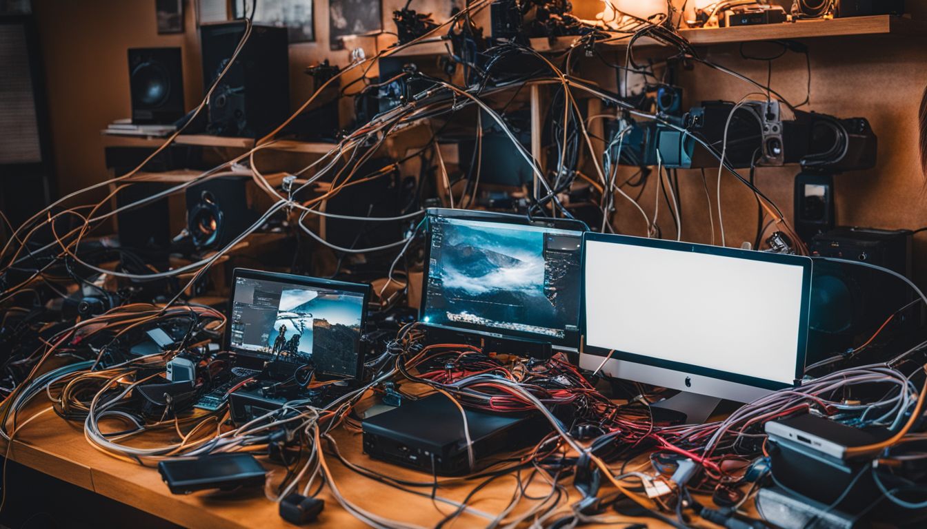 A cluttered web of tangled extension cords surrounded by electronic devices. A cluttered web of tangled extension cords surrounded by electronic devices.