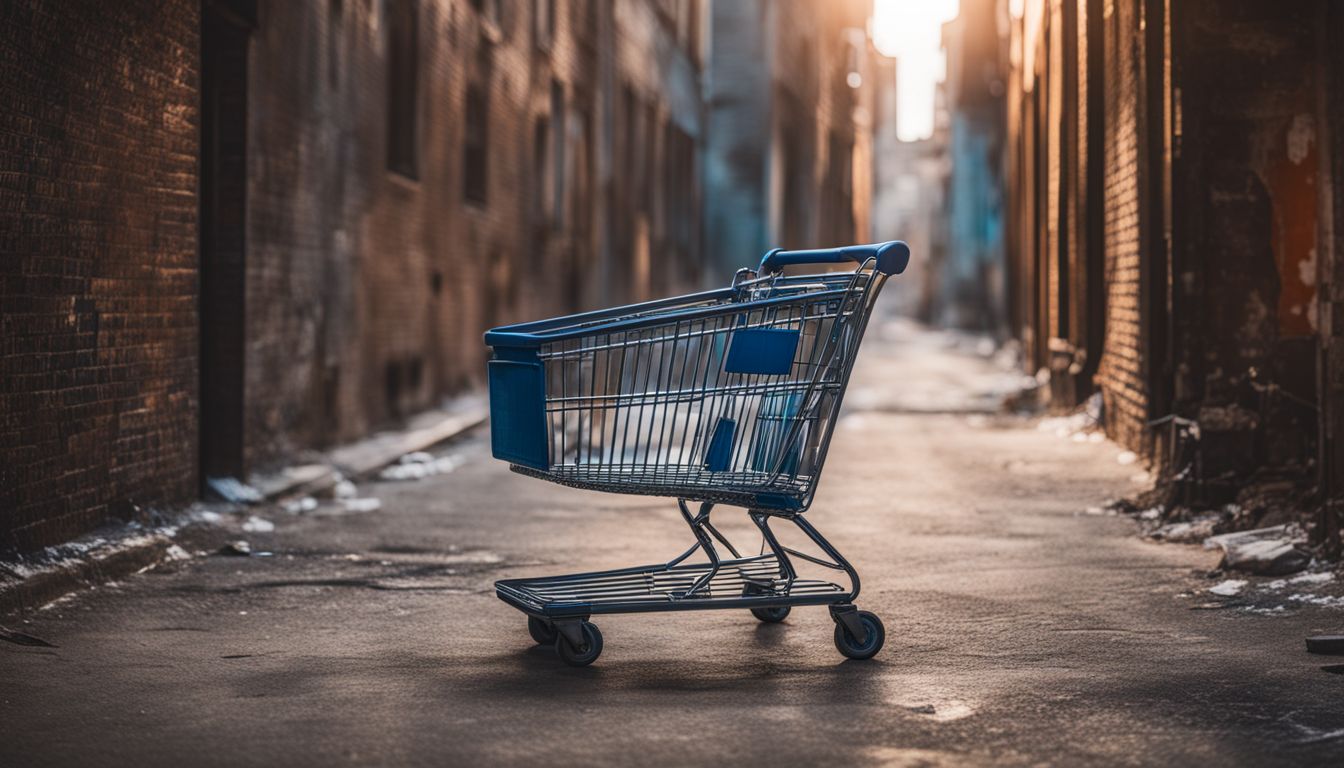 An abandoned shopping cart in a deserted urban alleyway. An abandoned shopping cart in a deserted urban alleyway.