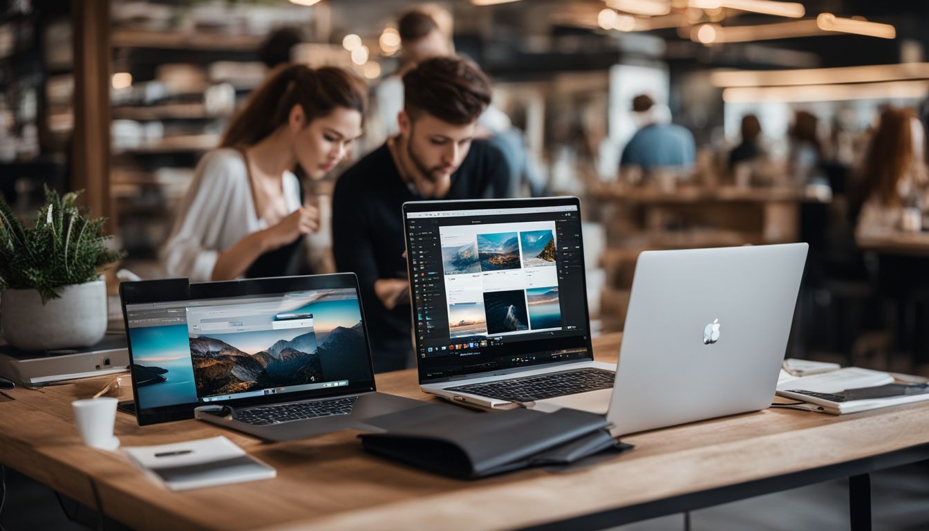A person using a laptop to manage a large product catalog surrounded by technology gadgets. A person using a laptop to manage a large product catalog surrounded by technology gadgets.