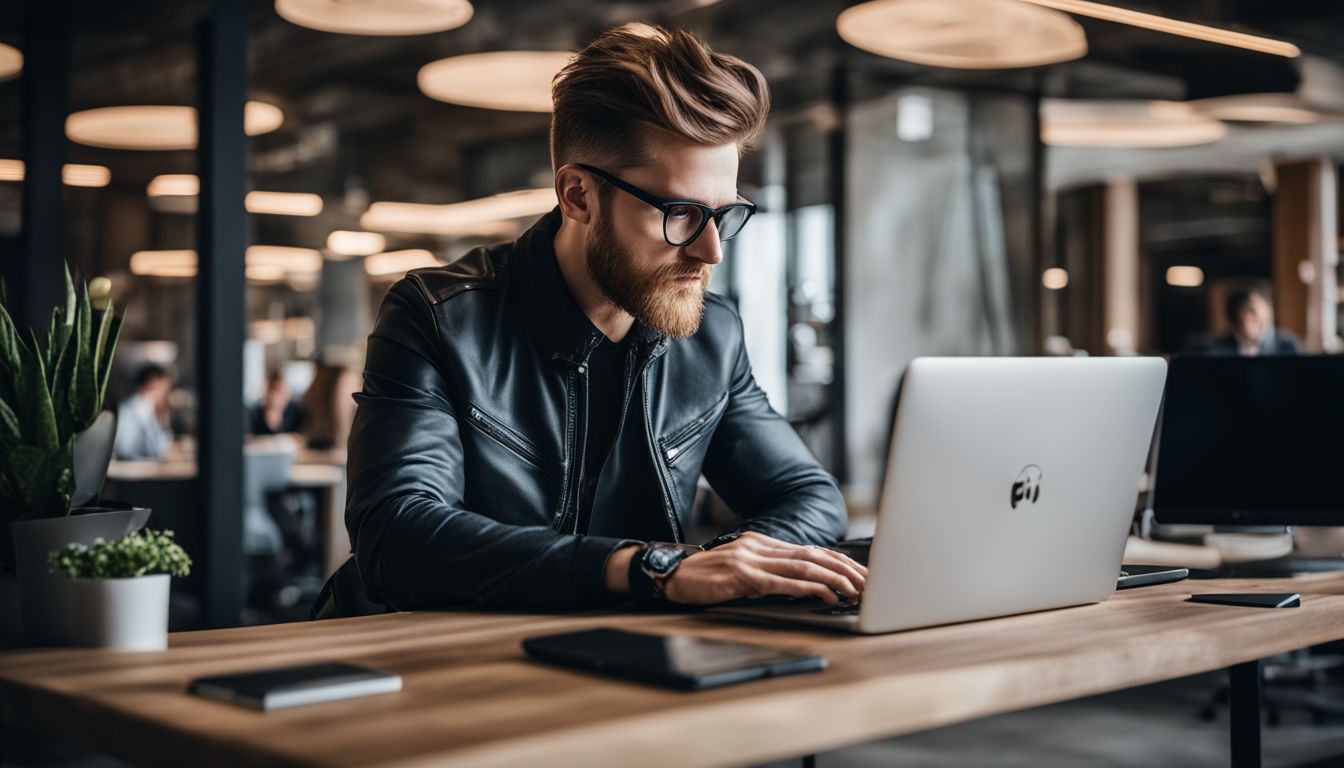 A website developer working on a laptop in a modern office. A website developer working on a laptop in a modern office.