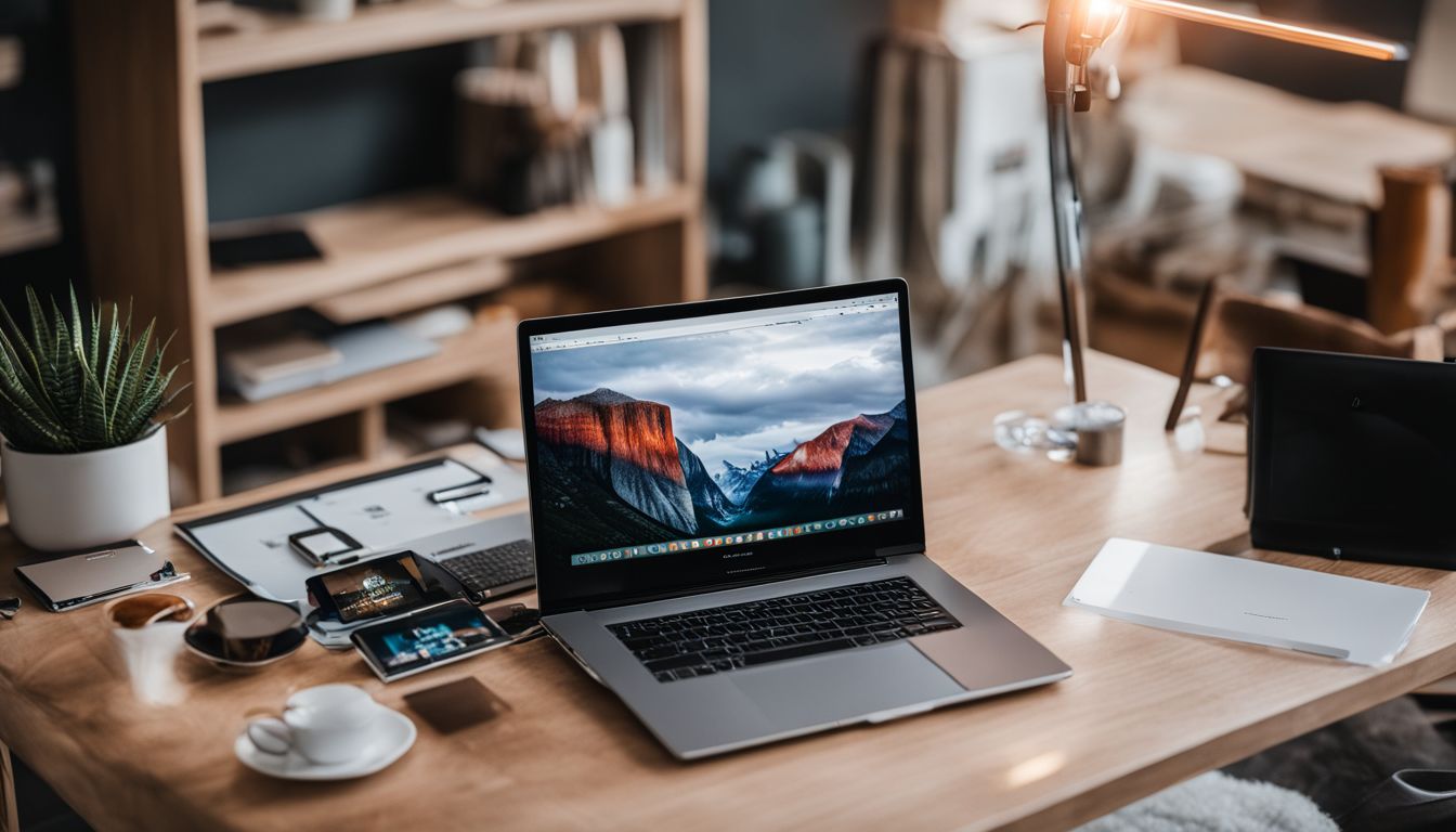A laptop displaying an optimized Magento website surrounded by various devices and people. A laptop displaying an optimized Magento website surrounded by various devices and people.