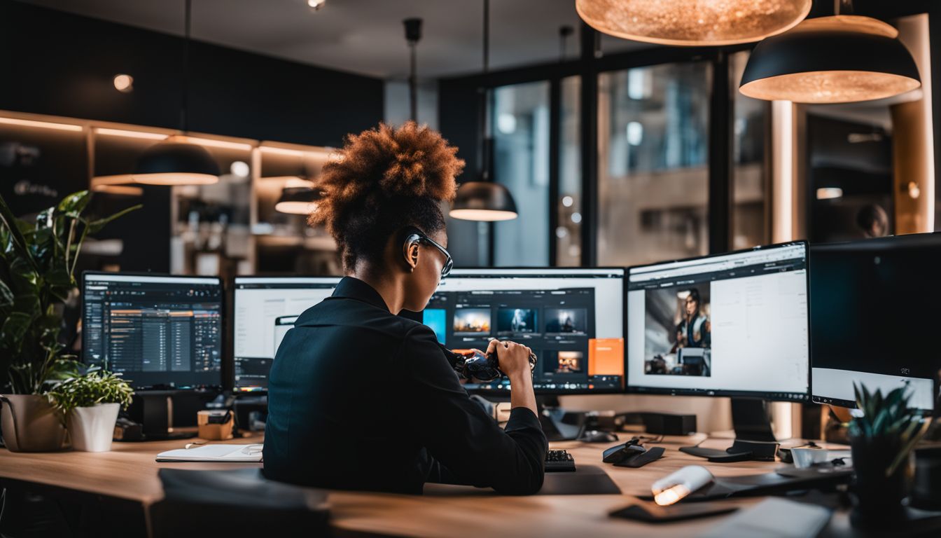 A business owner customizing Magento plugins at a modern desk. A business owner customizing Magento plugins at a modern desk.