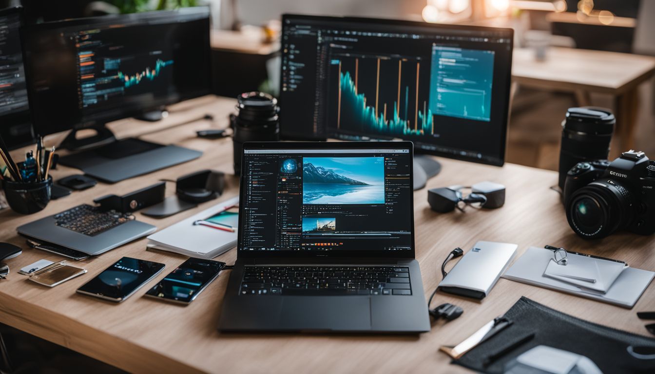A laptop with coding software surrounded by tech gadgets and various photography subjects. A laptop with coding software surrounded by tech gadgets and various photography subjects.