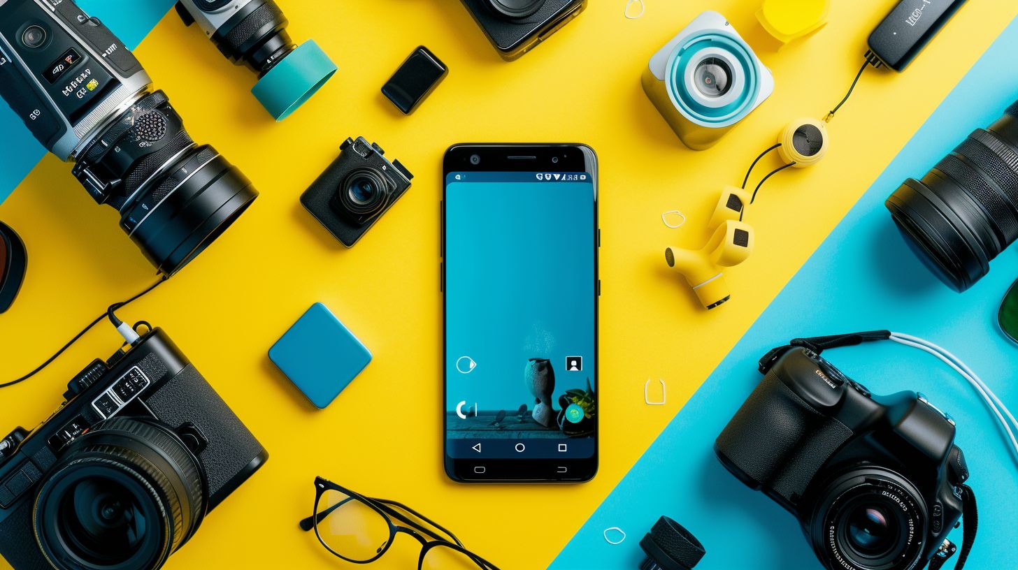 A smartphone with the Bigziel logo surrounded by technology accessories. A smartphone with the Bigziel logo surrounded by technology accessories.