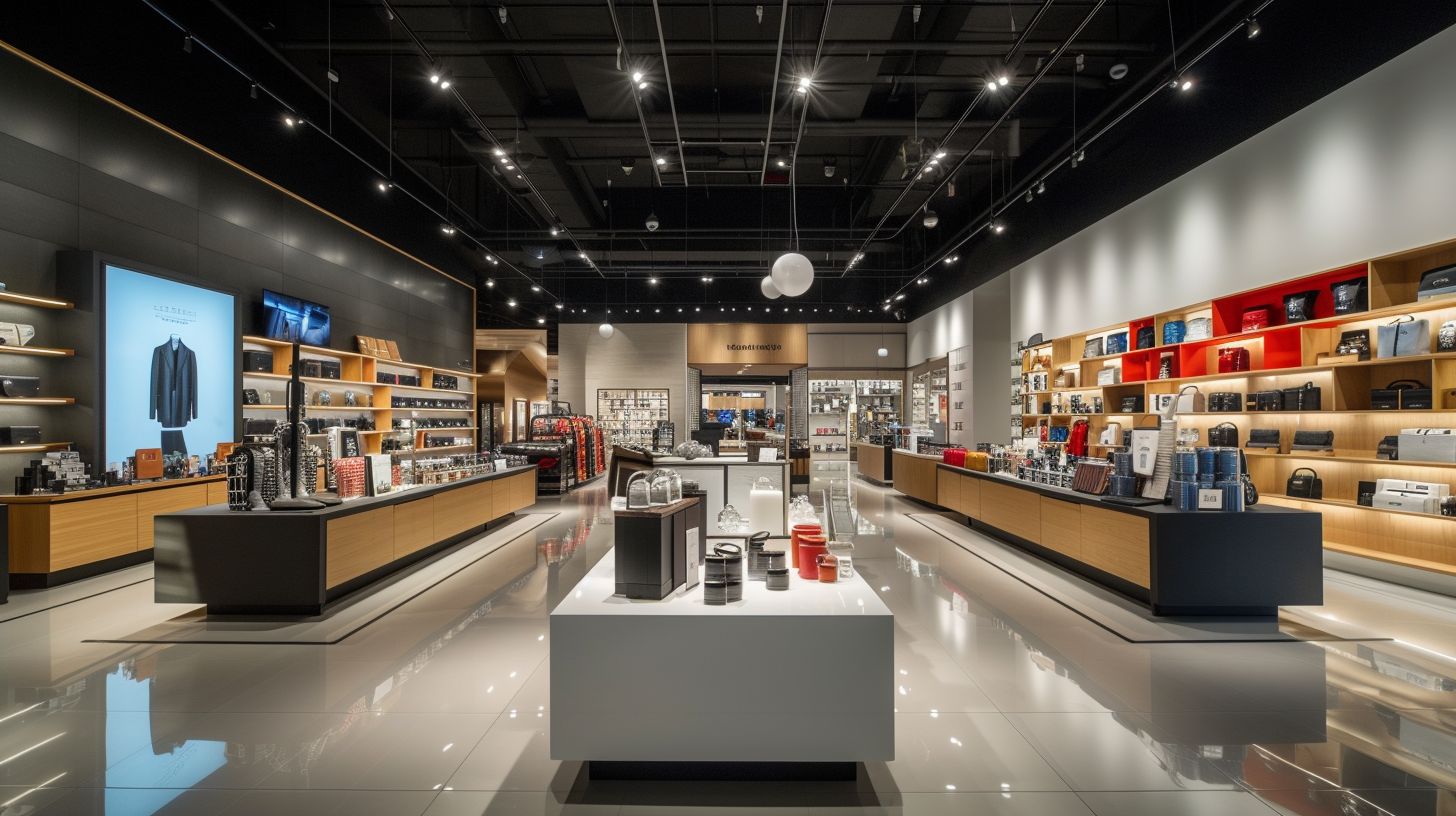 The storefront displays a variety of stylish products. The storefront displays a variety of stylish products.