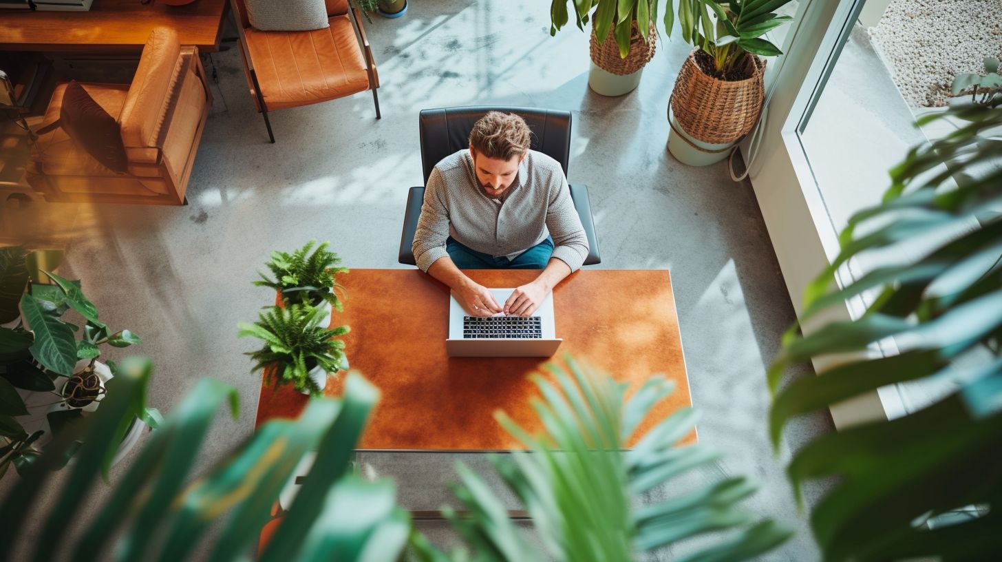 A businessperson works on a laptop surrounded by office essentials. A businessperson works on a laptop surrounded by office essentials.
