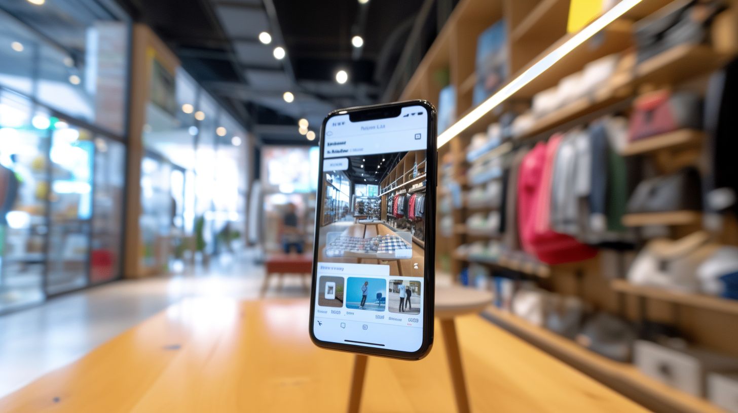 The SimiCart app interface displayed on a stylish retail store backdrop. The SimiCart app interface displayed on a stylish retail store backdrop.