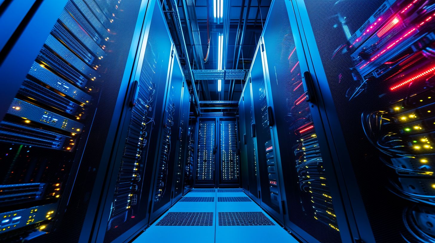 A high-speed server room with multiple servers, captured with a drone. A high-speed server room with multiple servers, captured with a drone.