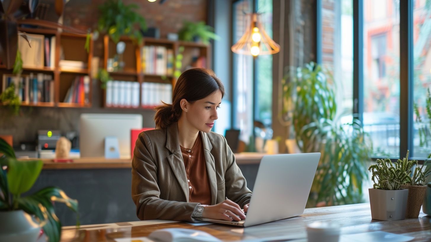 A business owner researches hosting options in a modern office. A business owner researches hosting options in a modern office.