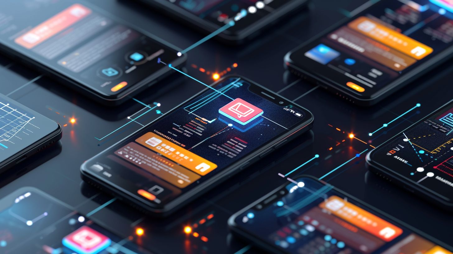 Multiple mobile devices with Magento 2 mobile app builder logos surrounded by tech gadgets. Multiple mobile devices with Magento 2 mobile app builder logos surrounded by tech gadgets.