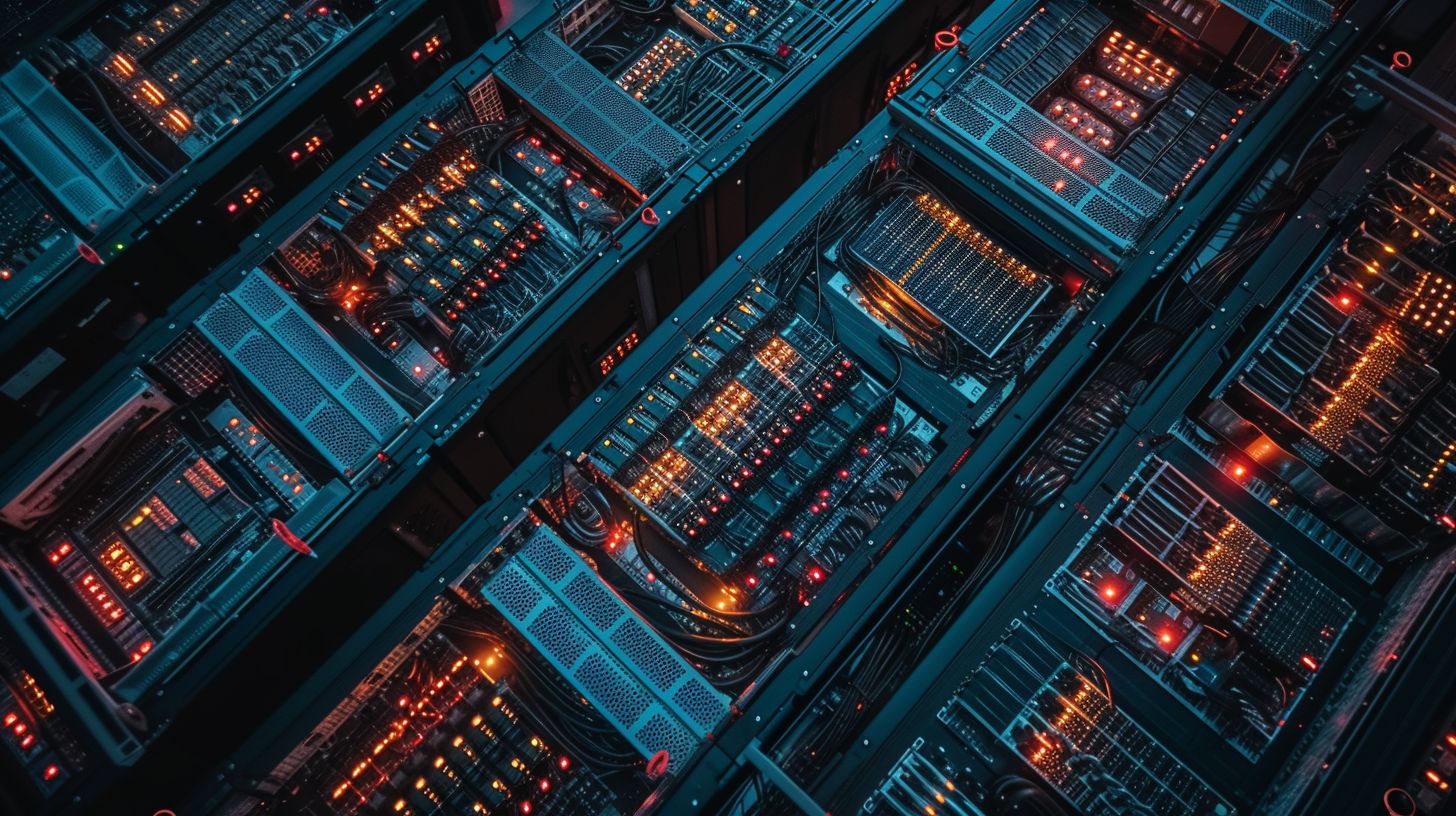 An aerial view of modern server racks and data centers. An aerial view of modern server racks and data centers.